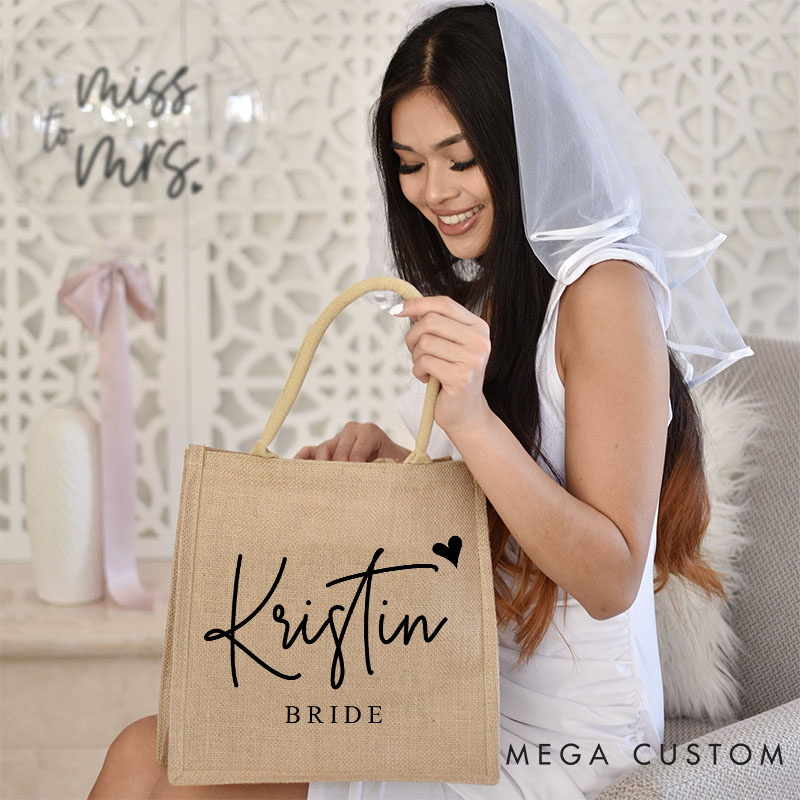 Personalized Bridesmaid Burlap Tote Bag Custom Bride Name Month Flower Jute Tote Bag Wedding Beach Tote Bag Bachelorette Party Bridal Shower Gift