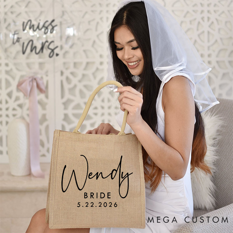 Personalized Minimalist Bridesmaid Burlap Tote Bag Custom Bride Name Jute Tote Bag Wedding Date Beach Bag Bachelorette Party Favors Bridal Shower Gift