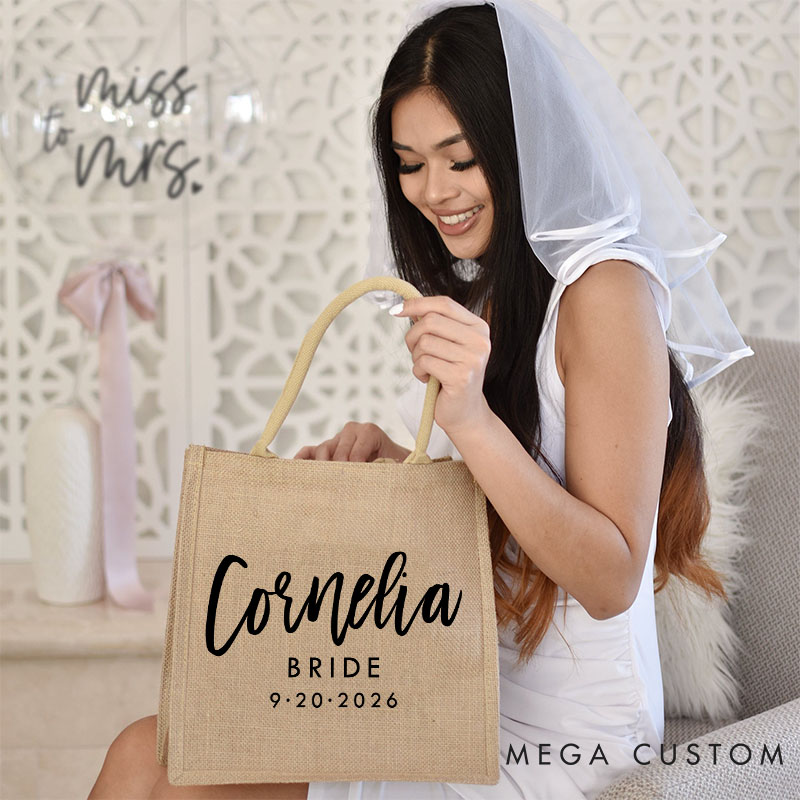 Personalized Bridesmaid Boho Burlap Tote Bag Custom Bride Name Jute Tote Bag Wedding Date Beach Bag Bachelorette Party Favors Bridal Shower Gift