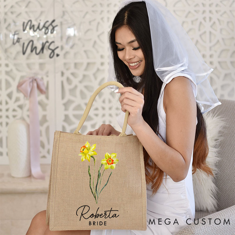 Personalized Bridesmaid Birth Flower Burlap Tote Bag Custom Bride Month Flower Beach Bag Wedding Jute Tote Bag Bachelorette Party Bridal Shower Gift