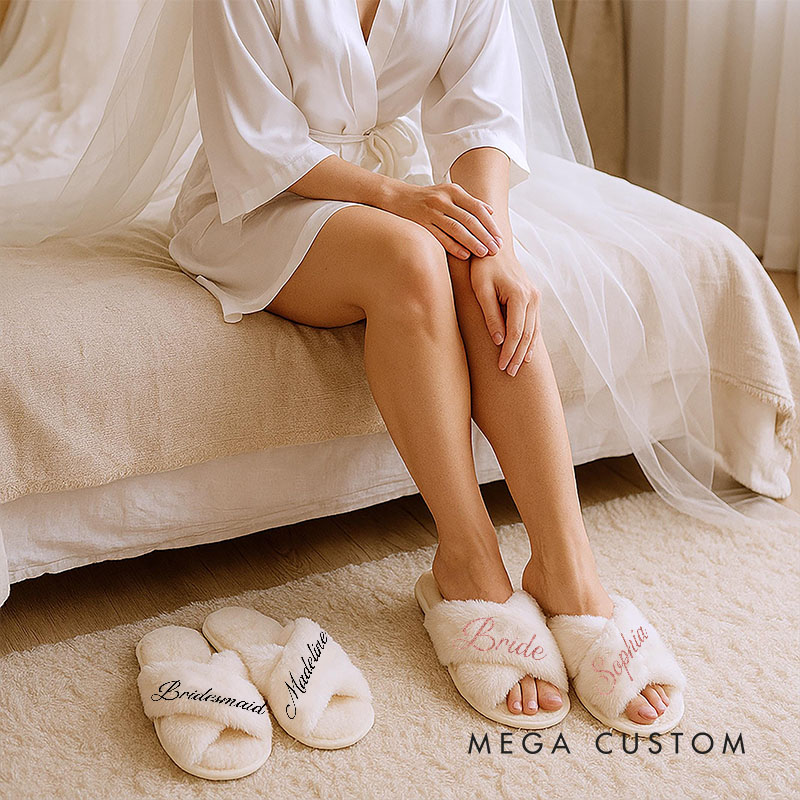 Personalized Bridesmaid Fluffy Slippers with Name Custom Bride Name Slipper Maid of Honor Slippers Bridal Shower Gift Bachelorette Party Gift for Her