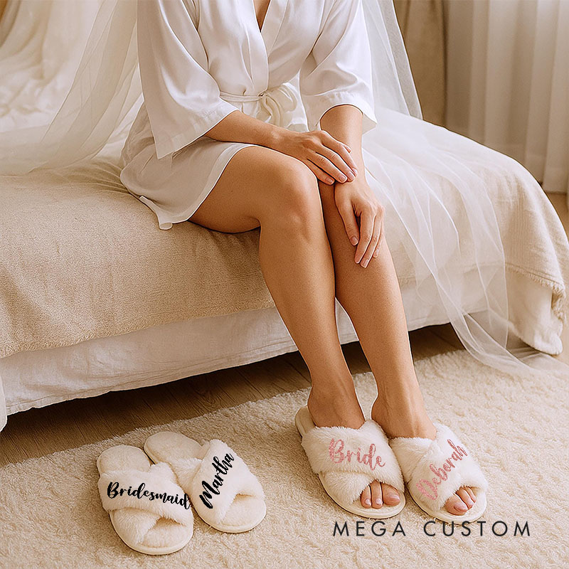 Personalized Stylish Bridesmaid Fluffy Slippers with Name Custom Bride Name Slipper Maid of Honor Slippers Bridal Shower Gift Bachelorette Party Gift