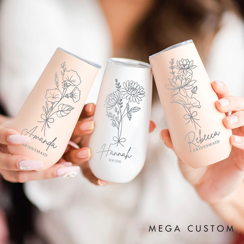 Personalized Bridesmaid Elegant Birth Flower Champagne Tumbler Custom Bride Month Flower Tumbler Bachelorette Party Favors Bridal Shower Gift for Her
