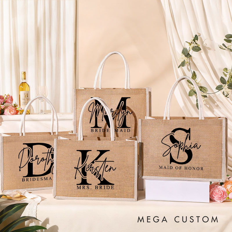 Personalized Bridesmaid Burlap Tote Bag Custom Bride Initials Tote Bag with White Side Wedding Jute Beach Bag Bridal Shower Bachelorette Party Gift