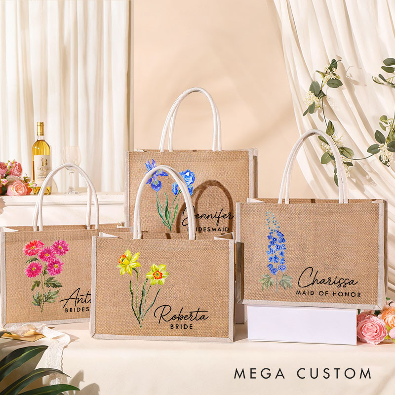 Personalized Bridesmaid Birth Flower Burlap Tote Bag with White Side Custom Bride Tote Bag Wedding Jute Beach Bag Bridal Shower Bachelorette Party Bag