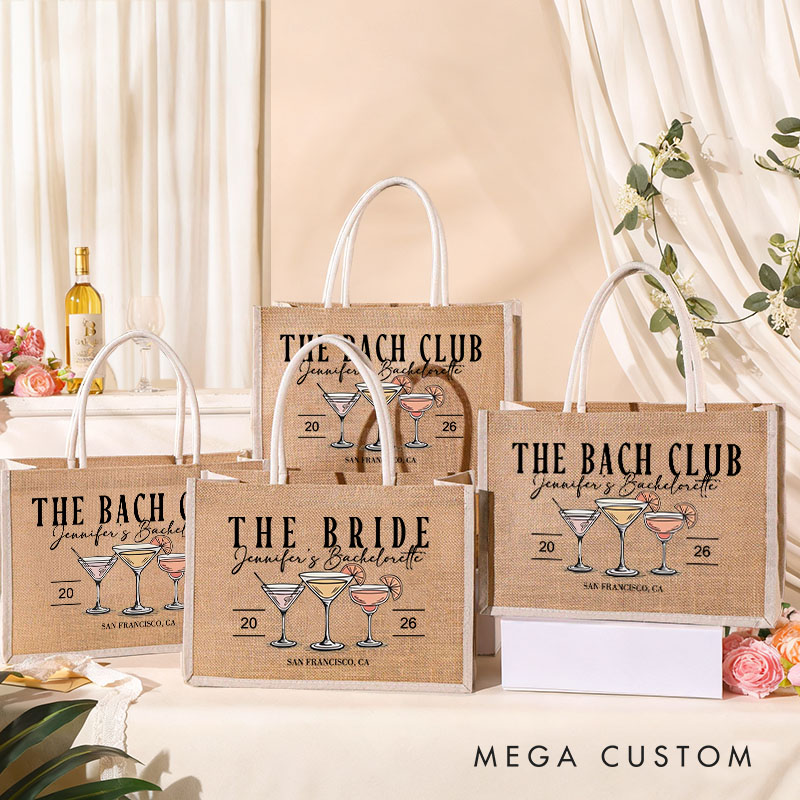 Personalized Bridesmaid The Bach Club Cocktail Burlap Tote Bag Bride Tote Bag Wedding Location Jute Beach Bag Bridal Shower Bachelorette Party Gift
