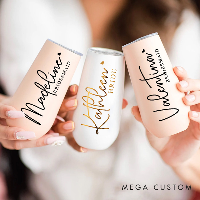 Personalized Bridesmaid Name with Heart Champagne Tumbler Custom Bride Champagne Tumbler Bachelorette Party Favors Bridal Shower Gift for Her