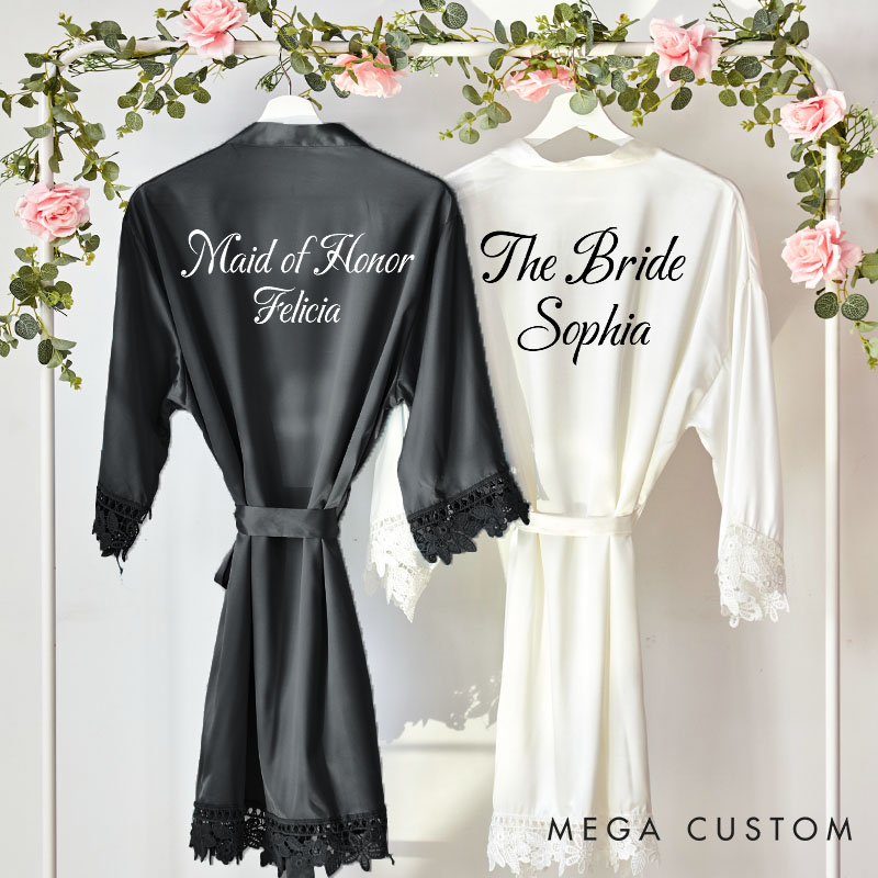 Personalized Bridesmaid Elegant Name and Title Robes Custom Bride Wedding Dressing Gown Maid of Honor Bachelorette Party Favors Bridal Shower Gift