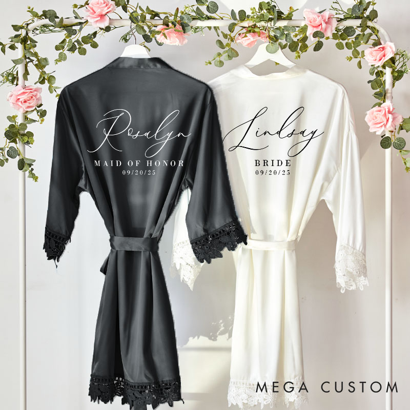 Personalized Bridesmaid Elegant Name and Date Robes Custom Bride Name Wedding Dressing Gown Maid of Honor Bachelorette Party Favors Bridal Shower Gift