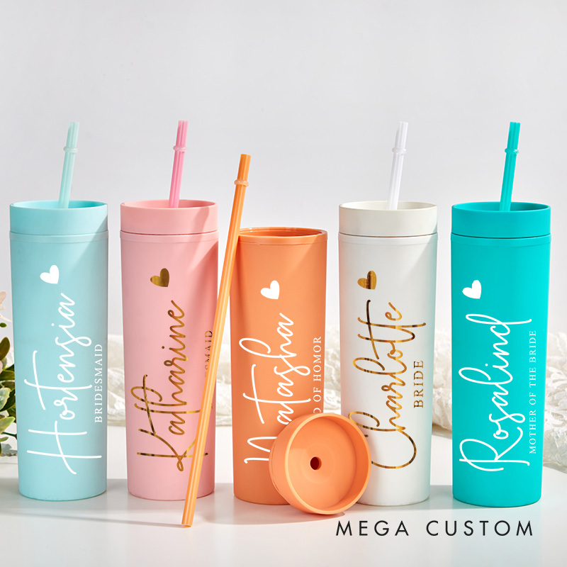 Personalized Bridesmaid 16oz Skinny Tumbler Custom Bride Name with Heart Wedding Tumbler Maid of Honor Bachelorette Party Favor Bridal Shower Gift