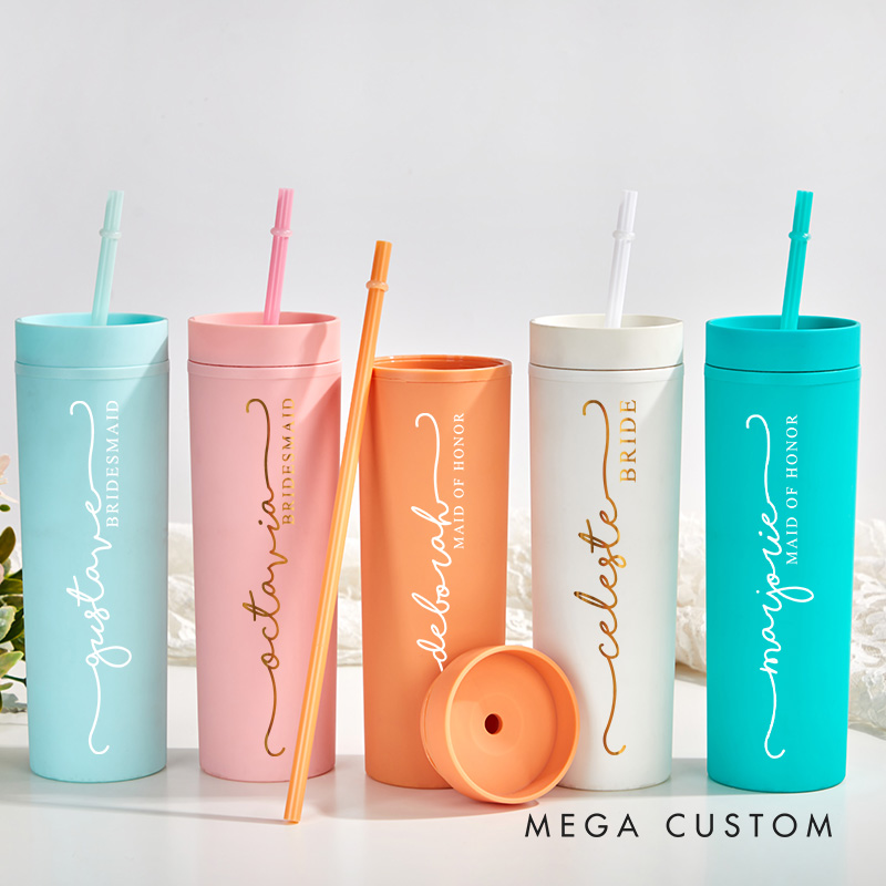 Personalized Minimalist Bridesmaid 16oz Skinny Tumbler Custom Bride Name Wedding Tumbler Maid of Honor Bachelorette Party Favor Bridal Shower Gift