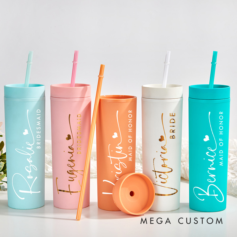 Personalized Elegant Bridesmaid 16oz Skinny Tumbler Custom Bride Name with Heart Wedding Tumbler Maid of Honor Bachelorette Party Bridal Shower Gift