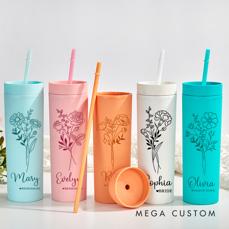 Personalized Bridesmaid Birth Flower 16oz Skinny Tumbler Custom Bride Month Flower Wedding Tumbler Maid of Honor Bachelorette Party Bridal Shower Gift