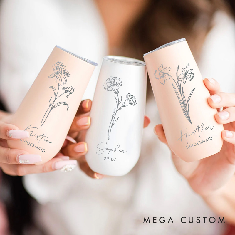 Personalized Bridesmaid Birth Flower Champagne Tumbler Custom Bride Month Flower Tumbler Maid of Honor Bachelorette Party Favors Bridal Shower Gift
