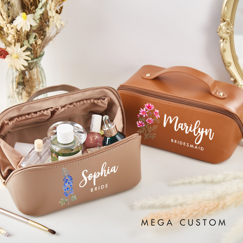 Personalized Bridesmaid Birth Flower Makeup Bag Bride Wedding Cosmetic Bag Maid of Honor Toiletry Pouch Bachelorette Party Favor Bridal Shower Gift