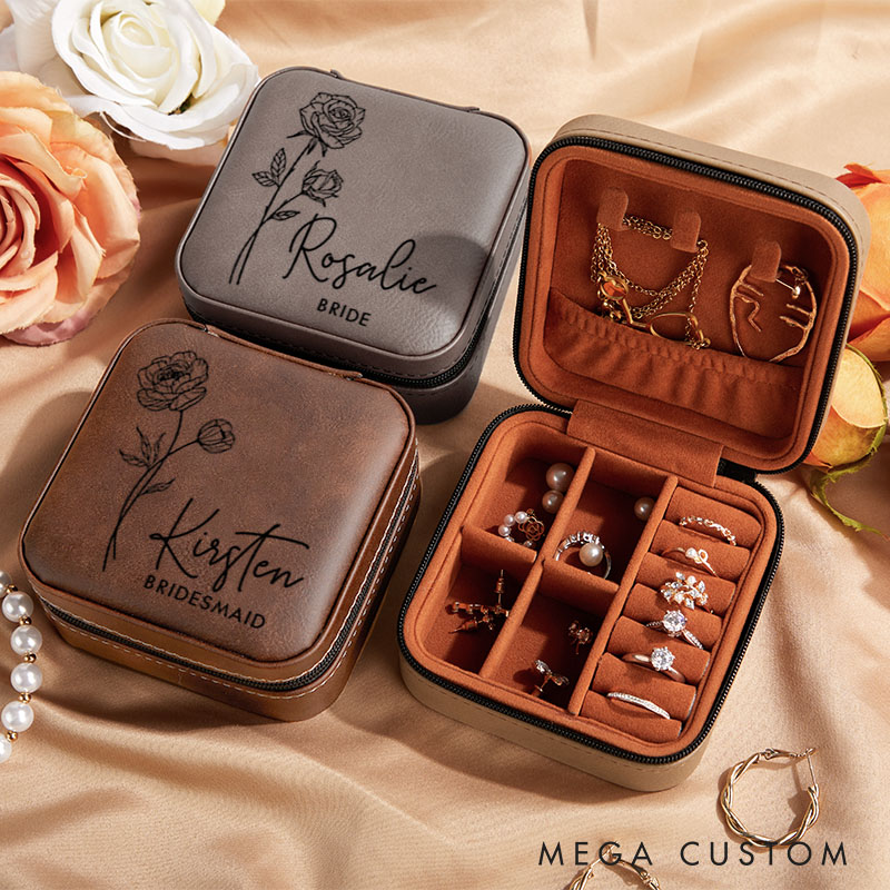 Personalized Bridesmaid Birth Flower Jewelry Box with Name Bride Moth Flower Jewelry Box Maid of Honor Ring Box Bachelorette Party Bridal Shower Gift