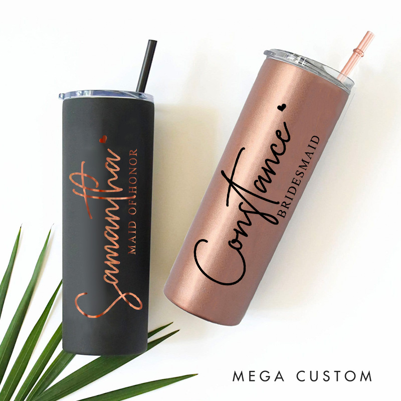 Personalized Bridesmaid Name with Heart 20oz Skinny Tumbler with Lid and Straw Custom Bride Name Wedding Tumbler Maid of Honor Bachelorette Party Gift
