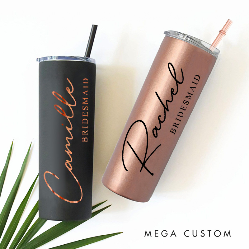 Personalized Minimalist Bridesmaid Name 20oz Skinny Tumbler with Lid and Straw Custom Bride Name Wedding Tumbler Maid of Honor Bachelorette Party Gift