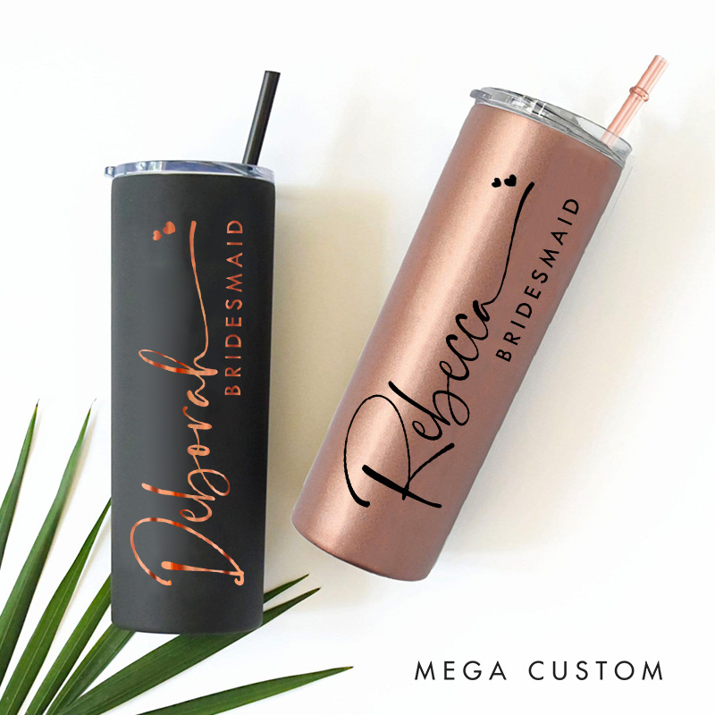 Personalized Stylish Bridesmaid Name 20oz Skinny Tumbler with Lid and Straw Custom Bride Name Wedding Tumbler Maid of Honor Bachelorette Party Gift
