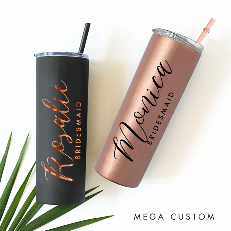 Personalized Elegant Bridesmaid Name 20oz Skinny Tumbler with Lid and Straw Custom Bride Name Wedding Tumbler Maid of Honor Bachelorette Party Gift