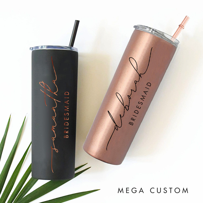Personalized Bridesmaid Wedding 20oz Skinny Tumbler with Lid and Straw Custom Bride Name with Heart Tumbler Maid of Honor Bachelorette Party Gift