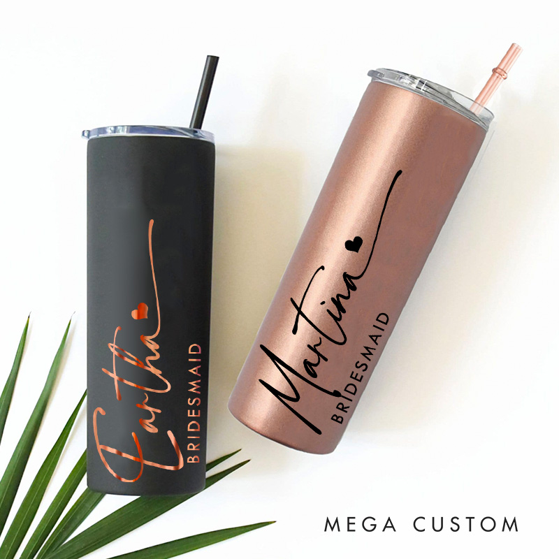Personalized Bridesmaid Wedding Stylish 20oz Skinny Tumbler with Lid and Straw Custom Bride Name Tumbler Maid of Honor Bachelorette Party Gift