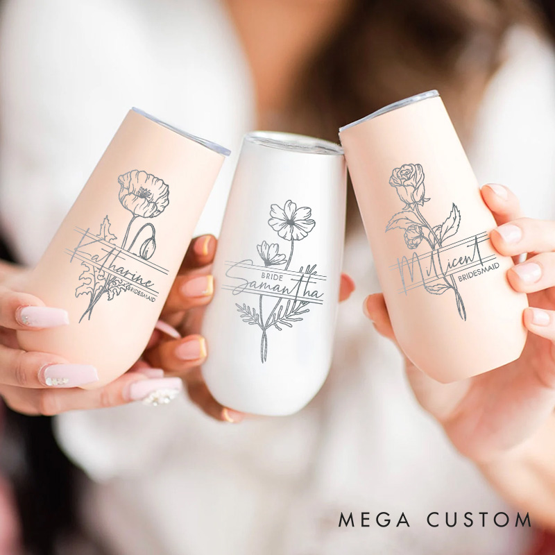 Personalized Bridesmaid Stylish Birth Flower Champagne Tumbler Custom Bride Month Flower Tumbler Bachelorette Party Favors Bridal Shower Gift for Her