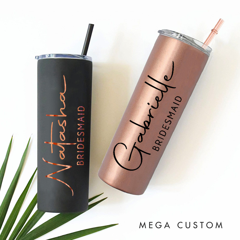 Personalized Bridesmaid 20oz Skinny Tumbler with Lid and Straw Wedding Bride Name with Heart Tumbler Maid of Honor Bachelorette Party Gift for Her