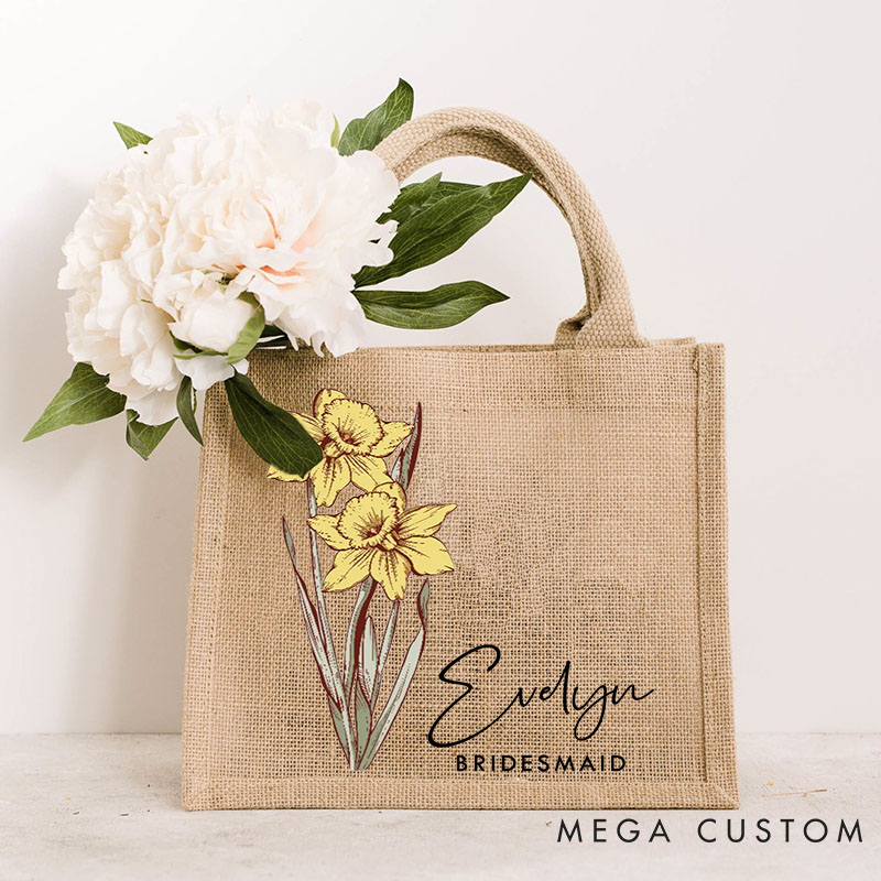 Personalized Bridesmaid Birth Flower Burlap Tote Bag Custom Bride Month Flower Wedding Beach Jute Tote Bag Bachelorette Party Favor Bridal Shower Gift