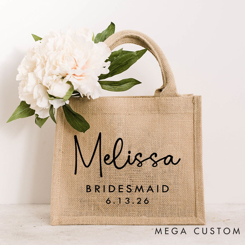Personalized Bridesmaid Burlap Tote Bag Custom Bride Month Flower Jute Tote Bag Wedding Date Beach Tote Bag Bachelorette Party Bridal Shower Gift