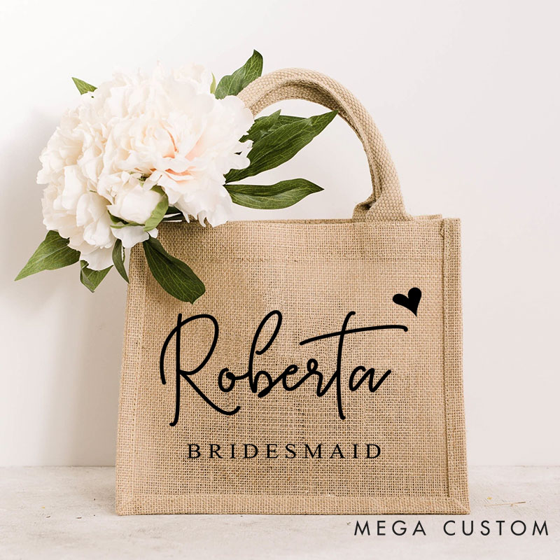 Personalized Bridesmaid Burlap Tote Bag Custom Bride Name Month Flower Jute Tote Bag Wedding Beach Tote Bag Bachelorette Party Bridal Shower Gift
