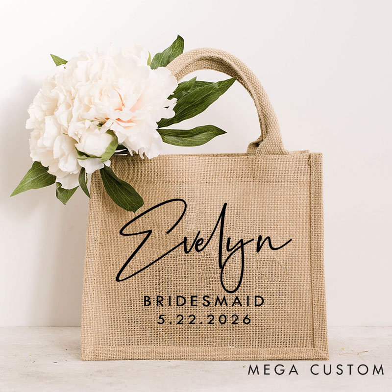Personalized Minimalist Bridesmaid Burlap Tote Bag Custom Bride Name Jute Tote Bag Wedding Date Beach Bag Bachelorette Party Favors Bridal Shower Gift