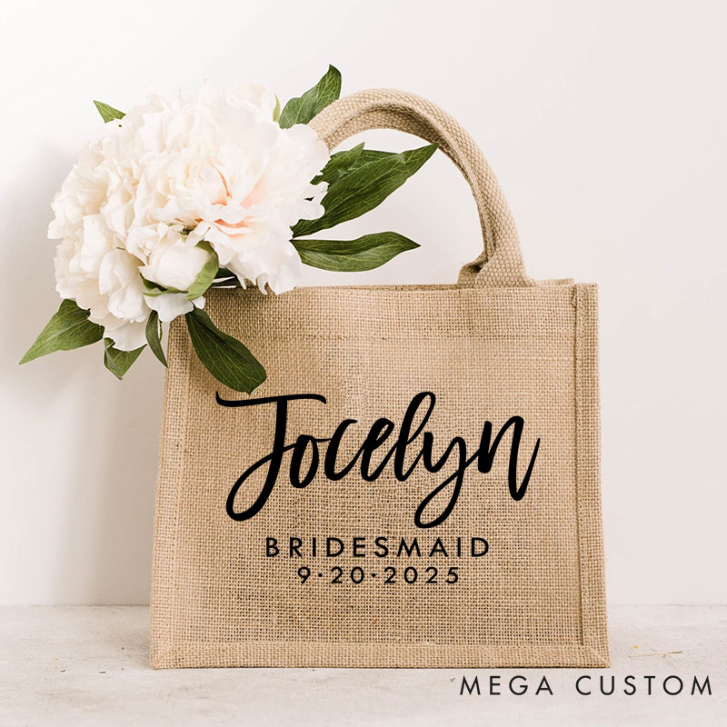 Personalized Bridesmaid Boho Burlap Tote Bag Custom Bride Name Jute Tote Bag Wedding Date Beach Bag Bachelorette Party Favors Bridal Shower Gift