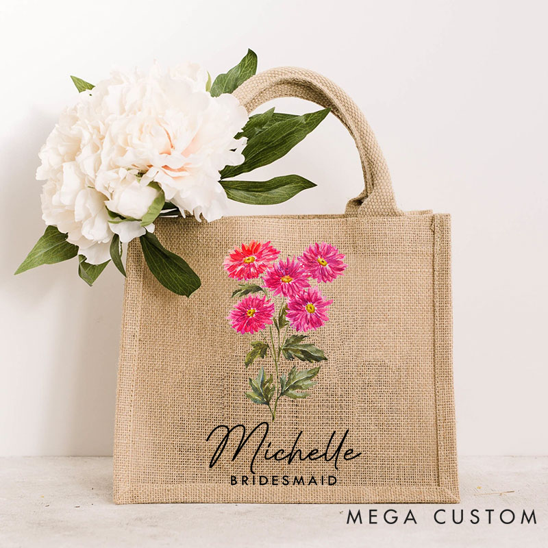 Personalized Bridesmaid Birth Flower Burlap Tote Bag Custom Bride Month Flower Beach Bag Wedding Jute Tote Bag Bachelorette Party Bridal Shower Gift
