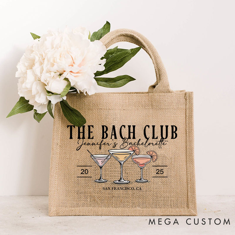 Personalized Bridesmaid Cocktail The Bach Club Burlap Tote Bag Custom Bride Beach Bag Wedding Jute Tote Bag Bachelorette Party Bridal Shower Gift