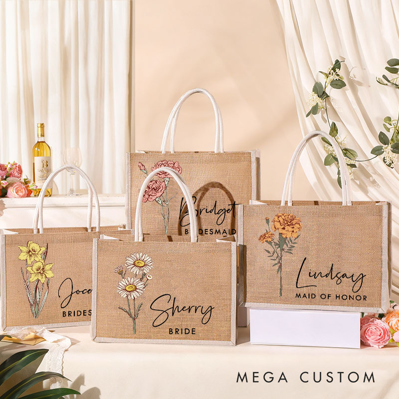 Personalized Bridesmaid Birth Flower Burlap Tote Bag Custom Bride Month Flower Tote Bag Wedding Jute Beach Bag Bachelorette Party Bridal Shower Gift