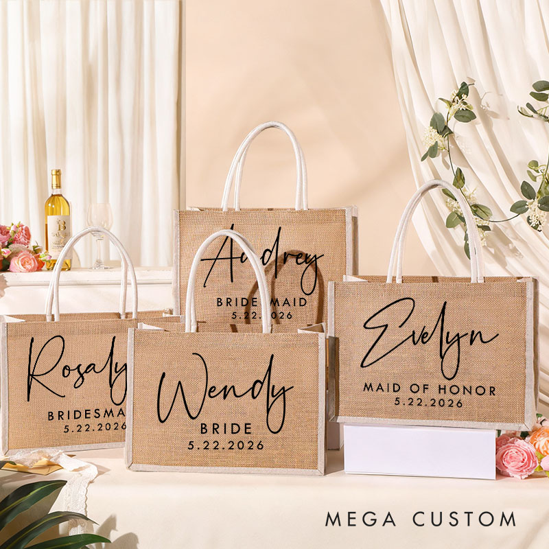 Personalized Bridesmaid Burlap Tote Bag Custom Bride Name Tote Bag with White Side Wedding Date Jute Beach Bag Bridal Shower Bachelorette Party Gift
