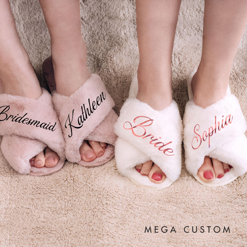 Personalized Bridesmaid Fluffy Slippers with Name Custom Bride Name Slipper Maid of Honor Slippers Bridal Shower Gift Bachelorette Party Gift for Her