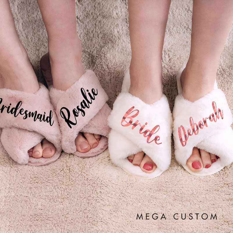 Personalized Stylish Bridesmaid Fluffy Slippers with Name Custom Bride Name Slipper Maid of Honor Slippers Bridal Shower Gift Bachelorette Party Gift