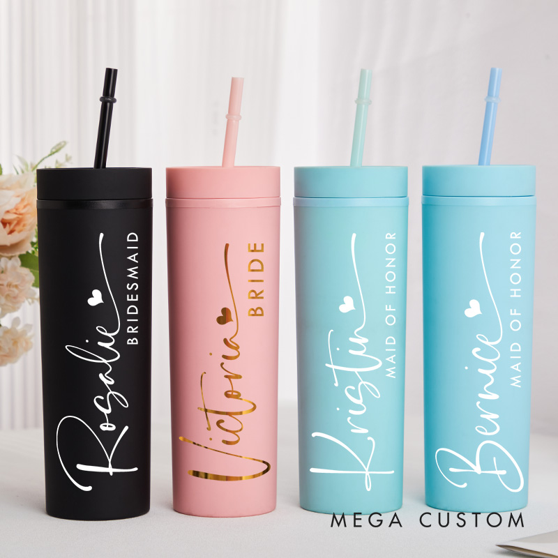 Personalized Elegant Bridesmaid 16oz Skinny Tumbler Custom Bride Name with Heart Wedding Tumbler Maid of Honor Bachelorette Party Bridal Shower Gift