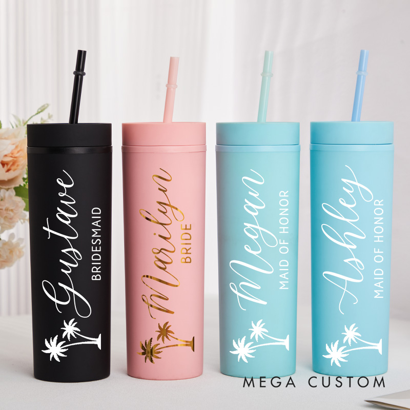 Personalized Bridesmaid Palm Tree 16oz Skinny Tumbler Custom Bride Name and Title Wedding Tumbler Maid of Honor Bachelorette Party Bridal Shower Gift