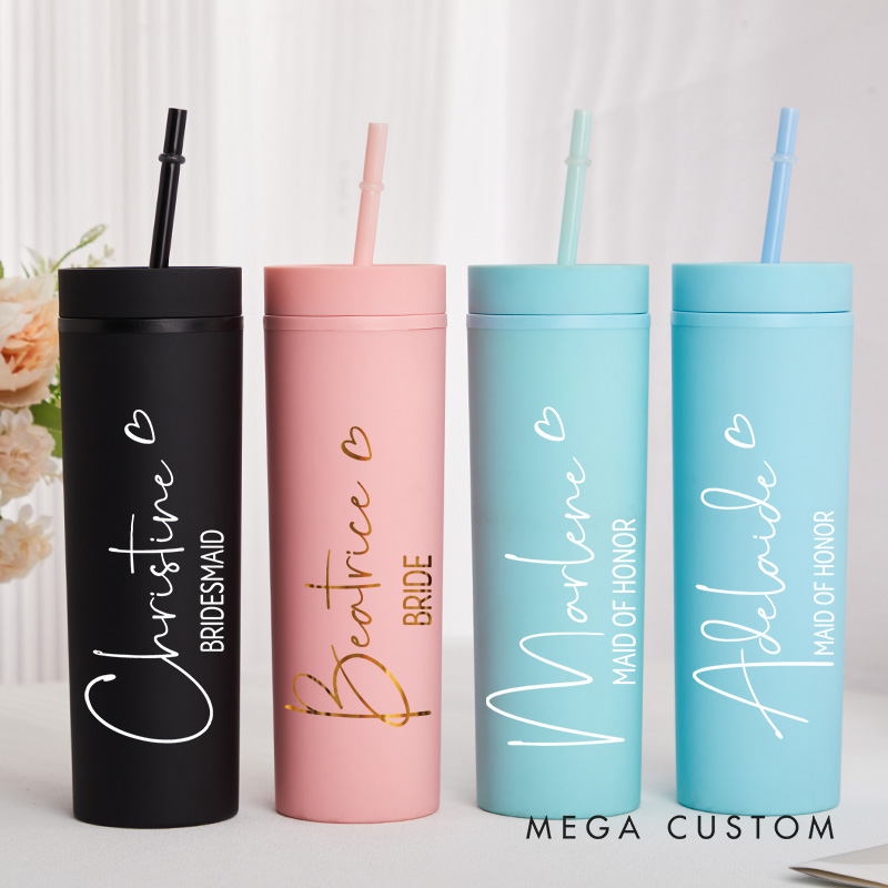 Personalized Bridesmaid Name with Heart 16oz Skinny Tumbler Custom Bride Name Wedding Tumbler Maid of Honor Bachelorette Party Bridal Shower Gift