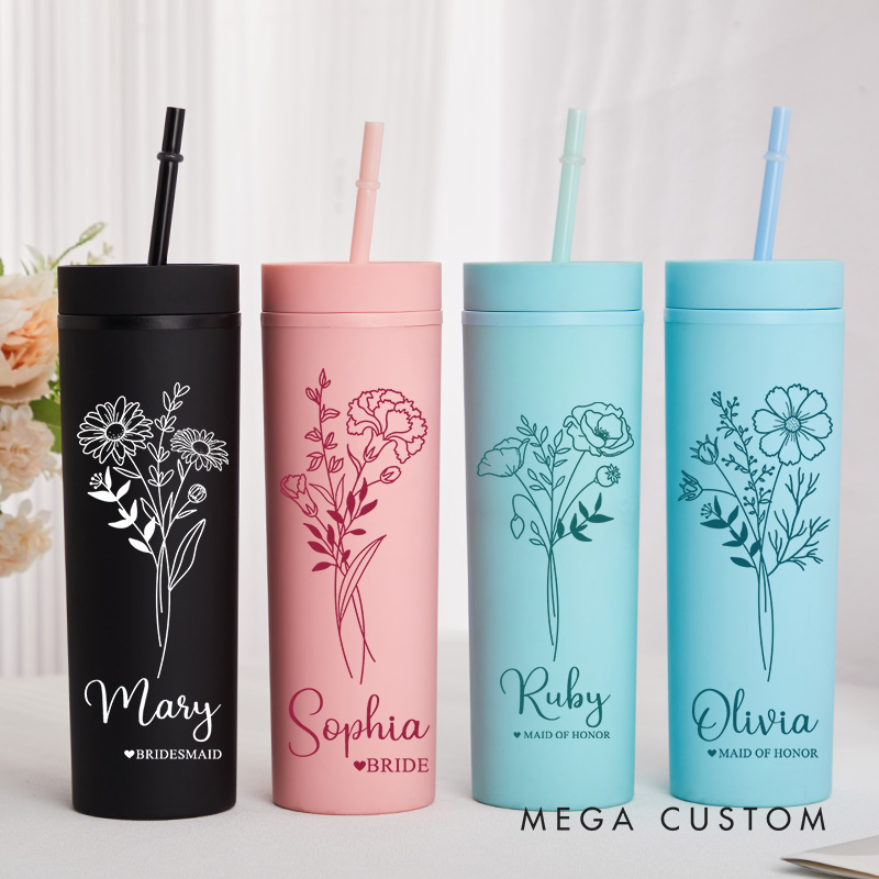 Personalized Bridesmaid Birth Flower 16oz Skinny Tumbler Custom Bride Month Flower Wedding Tumbler Maid of Honor Bachelorette Party Bridal Shower Gift