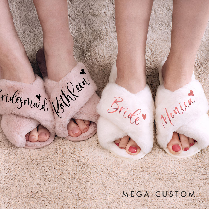 Personalized Bridesmaid Fluffy Slippers Custom Bride Name and Heart Slipper Maid of Honor Slippers Bridal Shower Gift Bachelorette Party Gift for Her