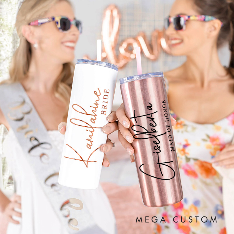 Personalized Bridesmaid Name with Heart 20oz Skinny Tumbler with Lid and Straw Custom Bride Name Wedding Tumbler Maid of Honor Bachelorette Party Gift