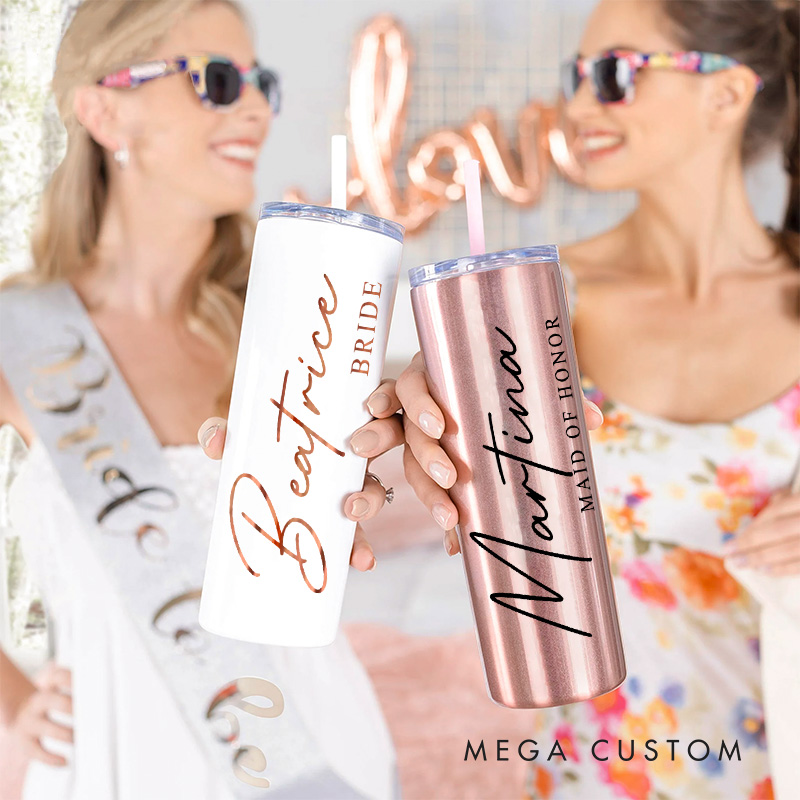 Personalized Minimalist Bridesmaid Name 20oz Skinny Tumbler with Lid and Straw Custom Bride Name Wedding Tumbler Maid of Honor Bachelorette Party Gift