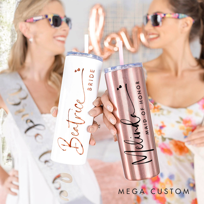 Personalized Stylish Bridesmaid Name 20oz Skinny Tumbler with Lid and Straw Custom Bride Name Wedding Tumbler Maid of Honor Bachelorette Party Gift