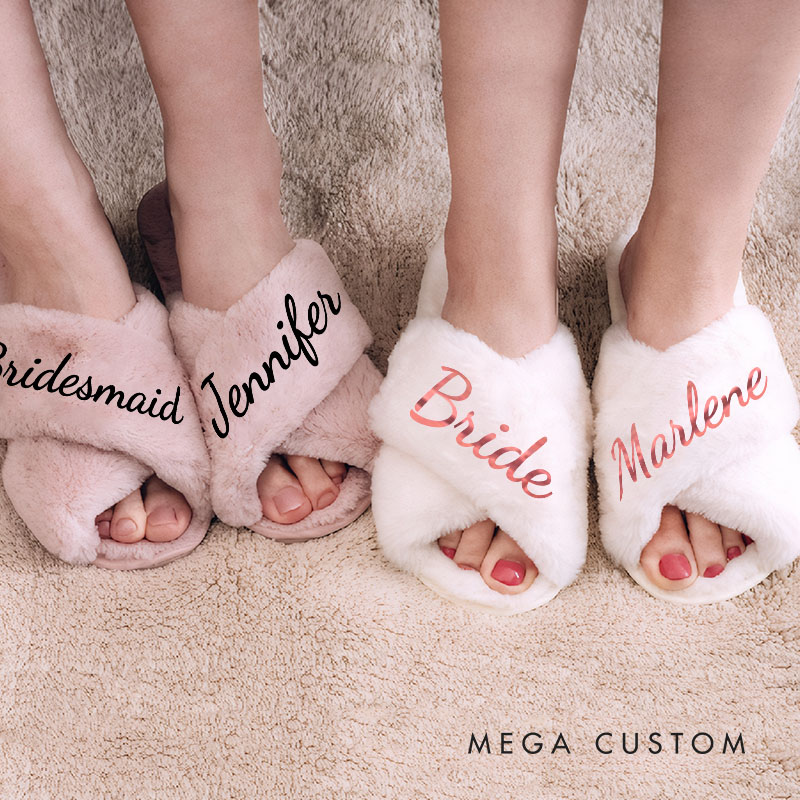 Personalized Luxurious Bridesmaid Fluffy Slippers Custom Bride Name Slipper Maid of Honor Slippers Bridal Shower Gift Bachelorette Party Gift for Her