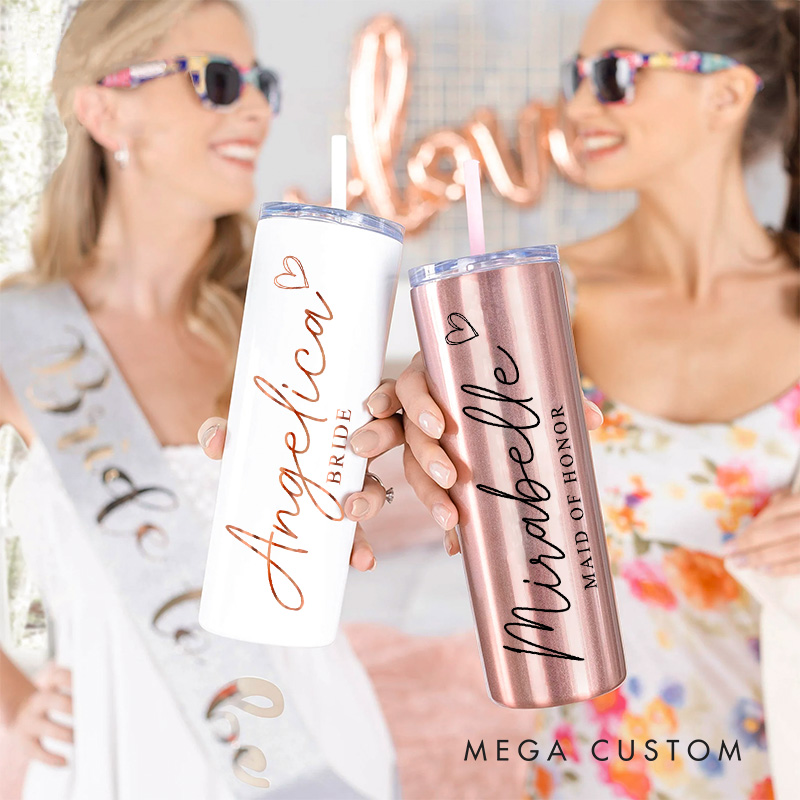 Personalized Bridesmaid 20oz Skinny Tumbler with Lid and Straw Custom Bride Name with Heart Wedding Tumbler Maid of Honor Bachelorette Party Gift