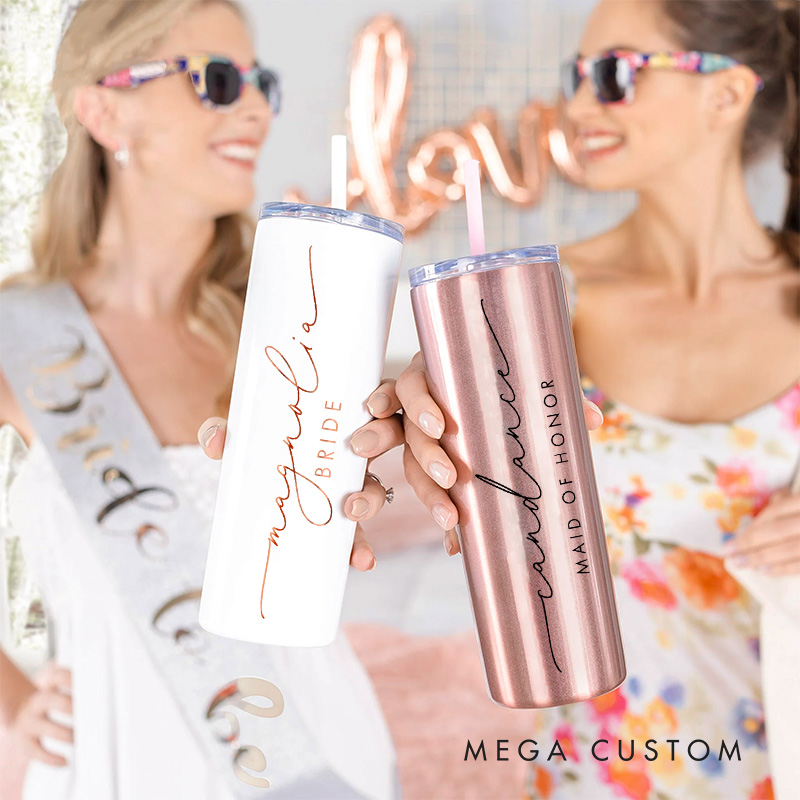Personalized Bridesmaid Wedding 20oz Skinny Tumbler with Lid and Straw Custom Bride Name with Heart Tumbler Maid of Honor Bachelorette Party Gift